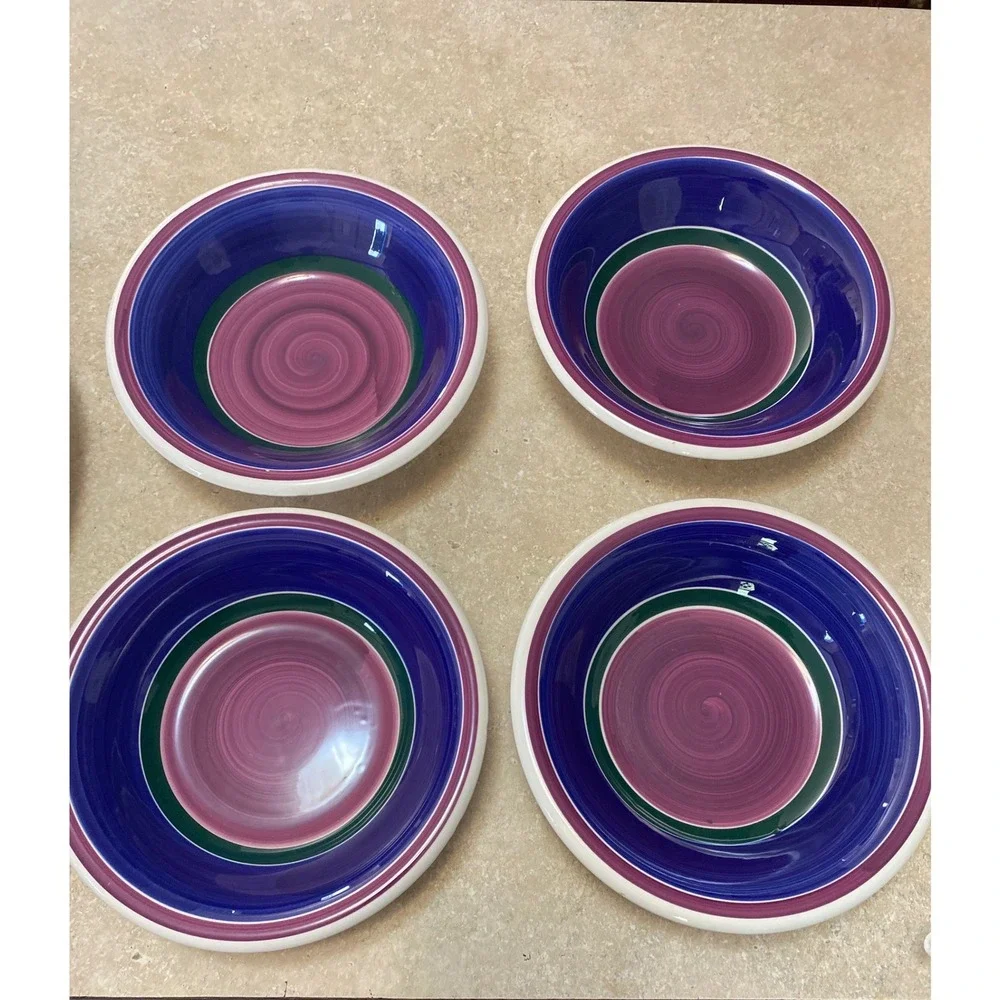 Furio Italy Hand Painted Ceramic Pasta Bowls Set of 4 Blue Purple Green 8.5